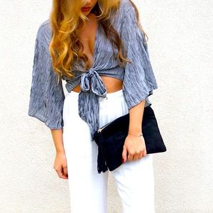striped kimono sleeve tie-front top